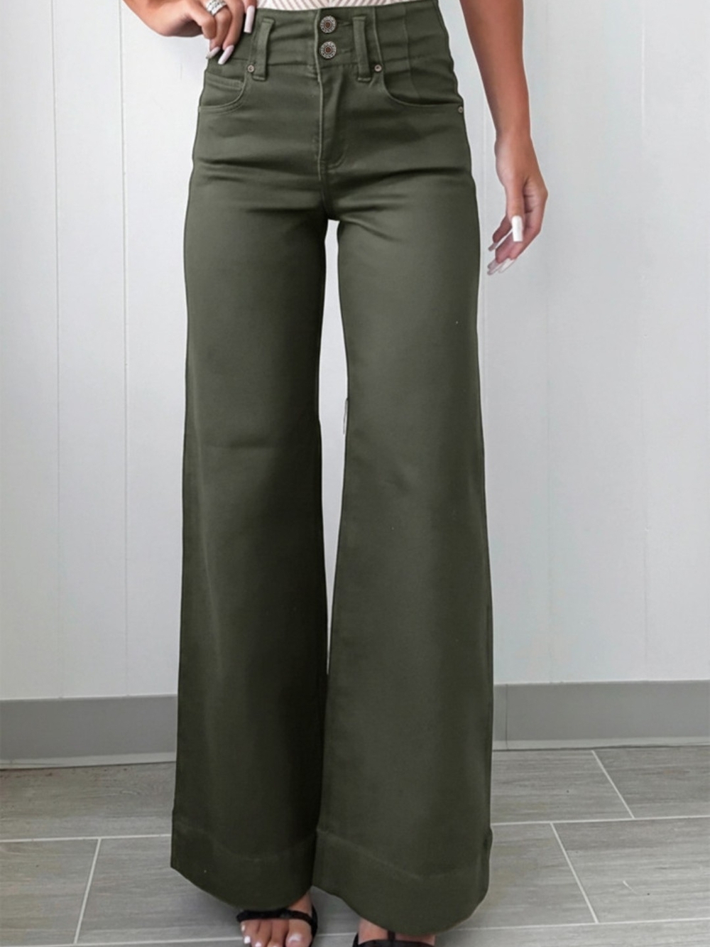High-Waisted Wide Leg Jeans - Olive Green - Picture 3 of 5